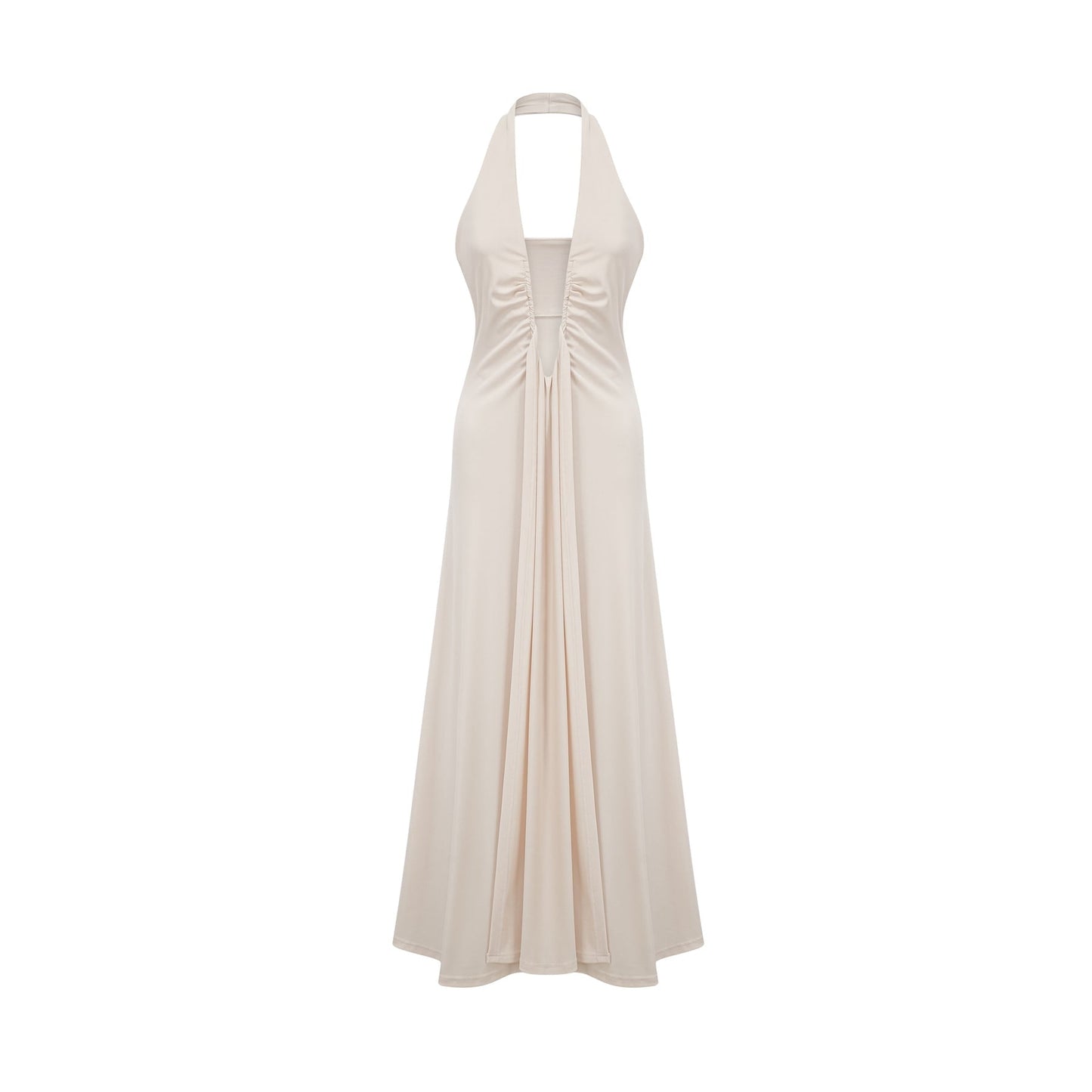 Woman wearing long white maxi dress with deep V neckline and draped design