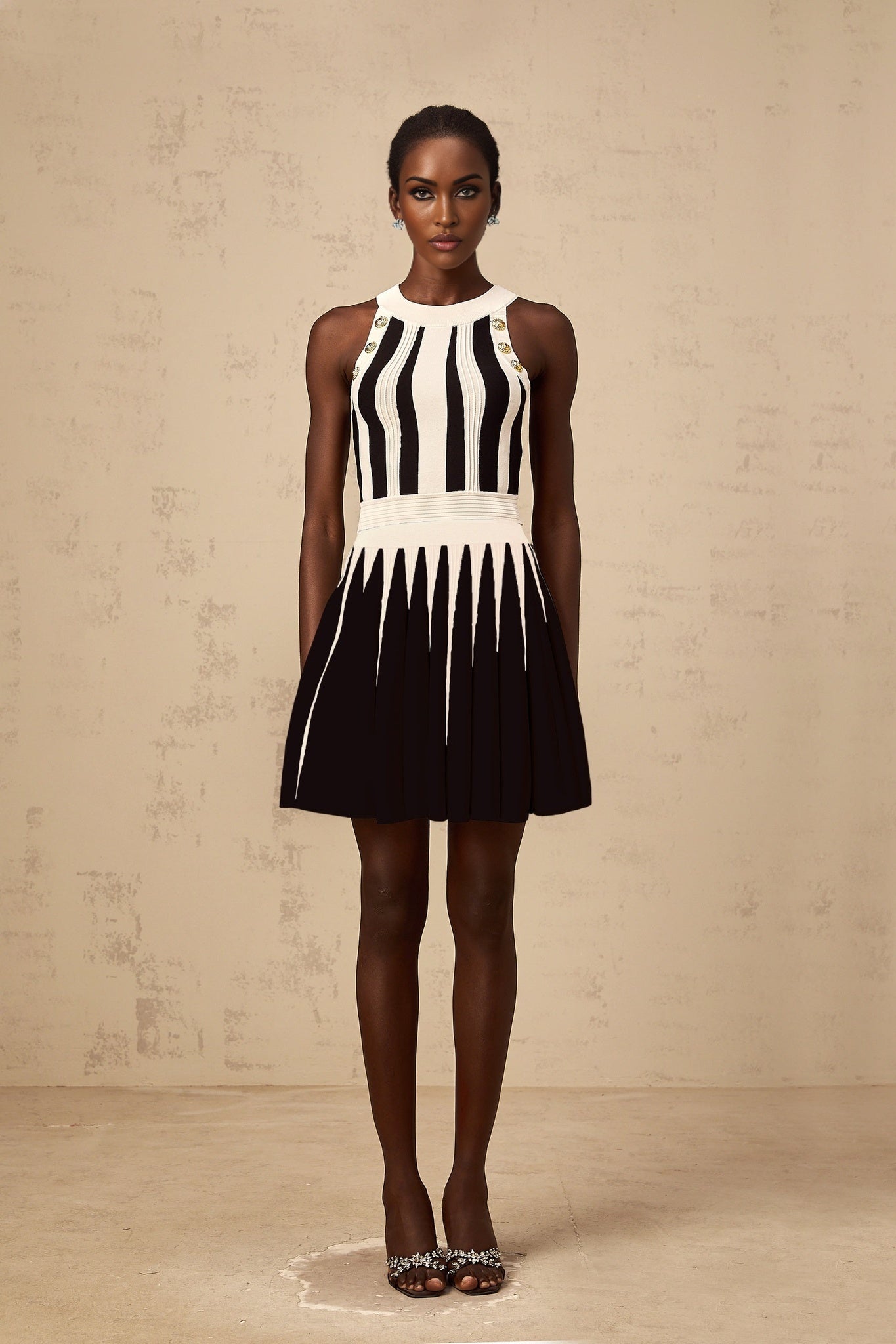 Woman wearing matching striped knit top and skirt set in contrasting colors