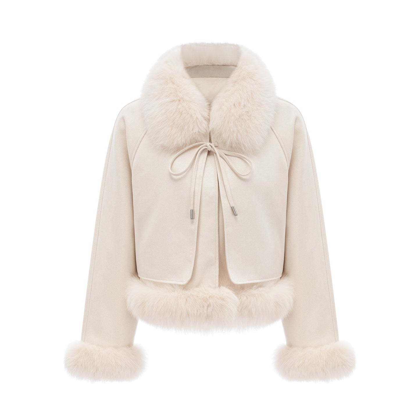 Woman wearing white suede short coat with fur trim and padded design
