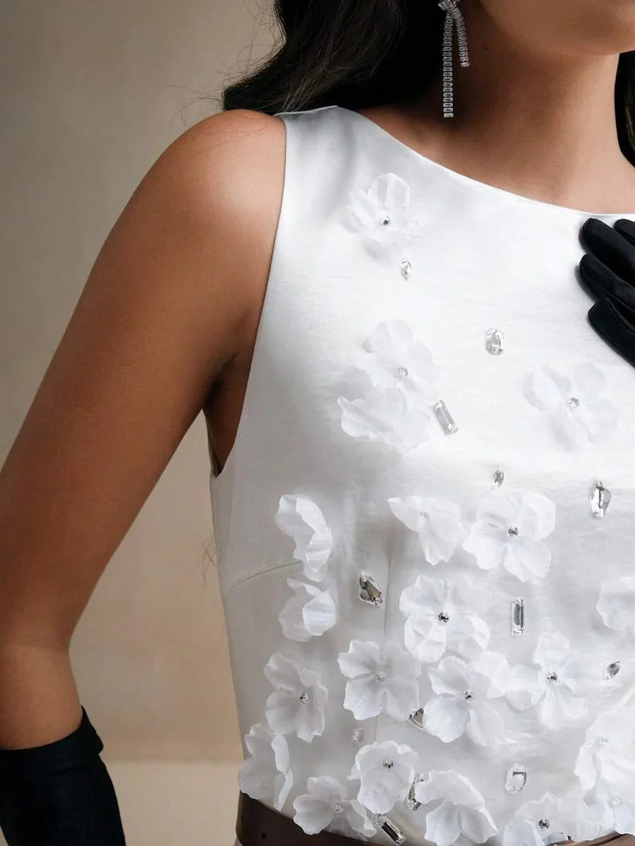 Women 3D Flower Decor Satin Long Dress Round Neck Sleeveless Elegant Dress