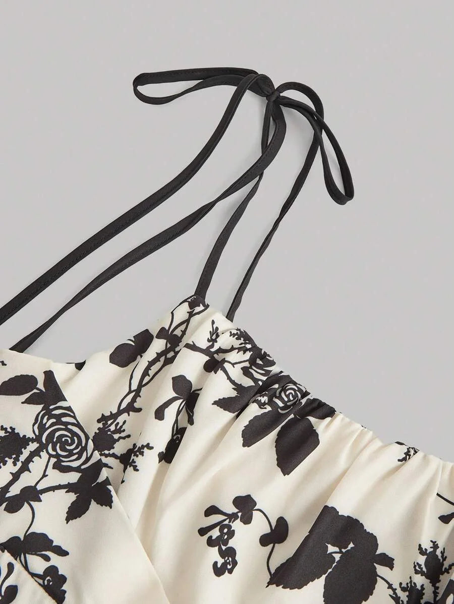 Women Apricot Background Black Silhouette Flower Print Cami DressRenaissance DressHomecoming