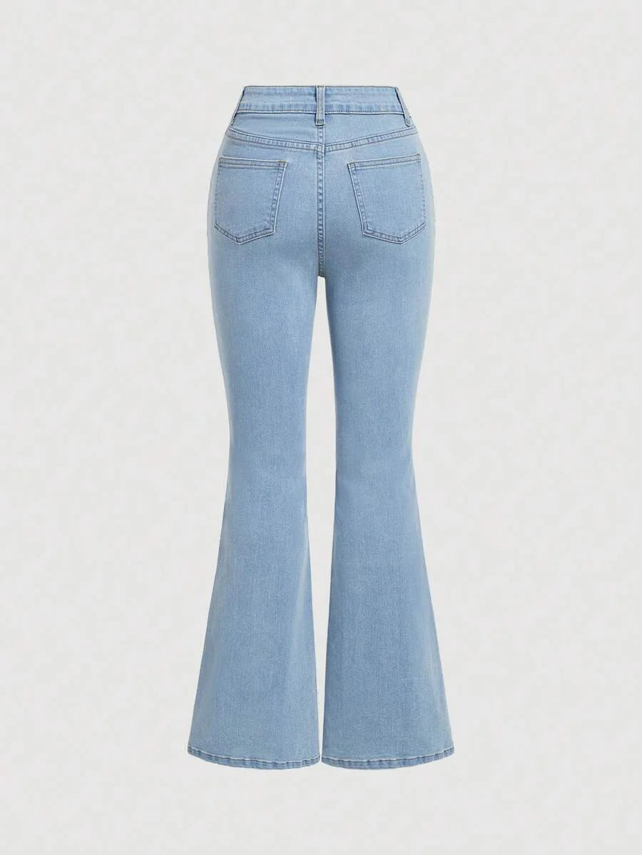 Women Beaded Bow Decoration Split Flared Denim Jeans
