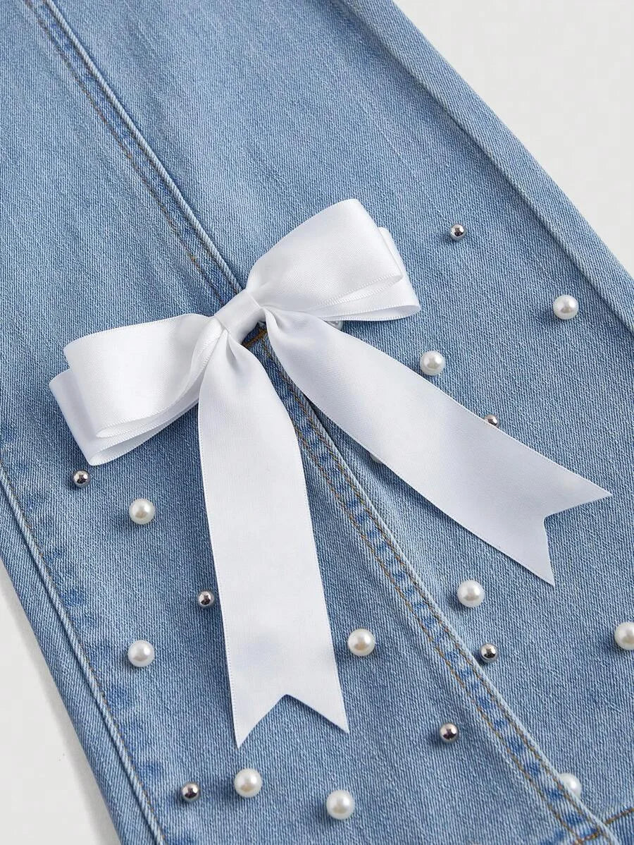 Women Beaded Bow Decoration Split Flared Denim Jeans