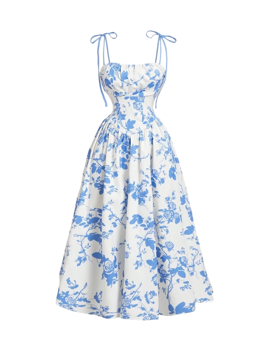 Floral print maxi dress with tie straps and a flowing vintage-inspired design