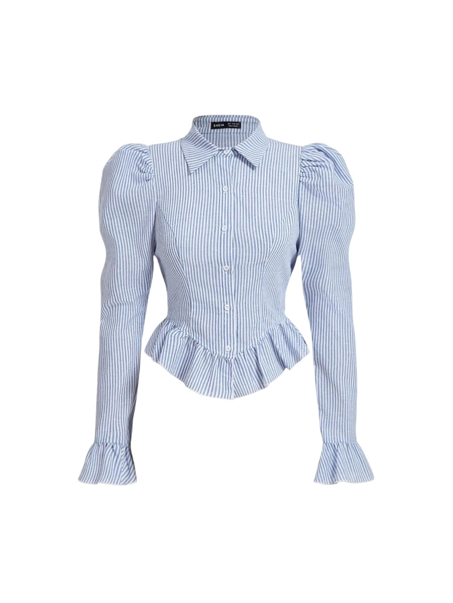 Blue striped puff sleeve blouse with ruffles and a tailored fit
