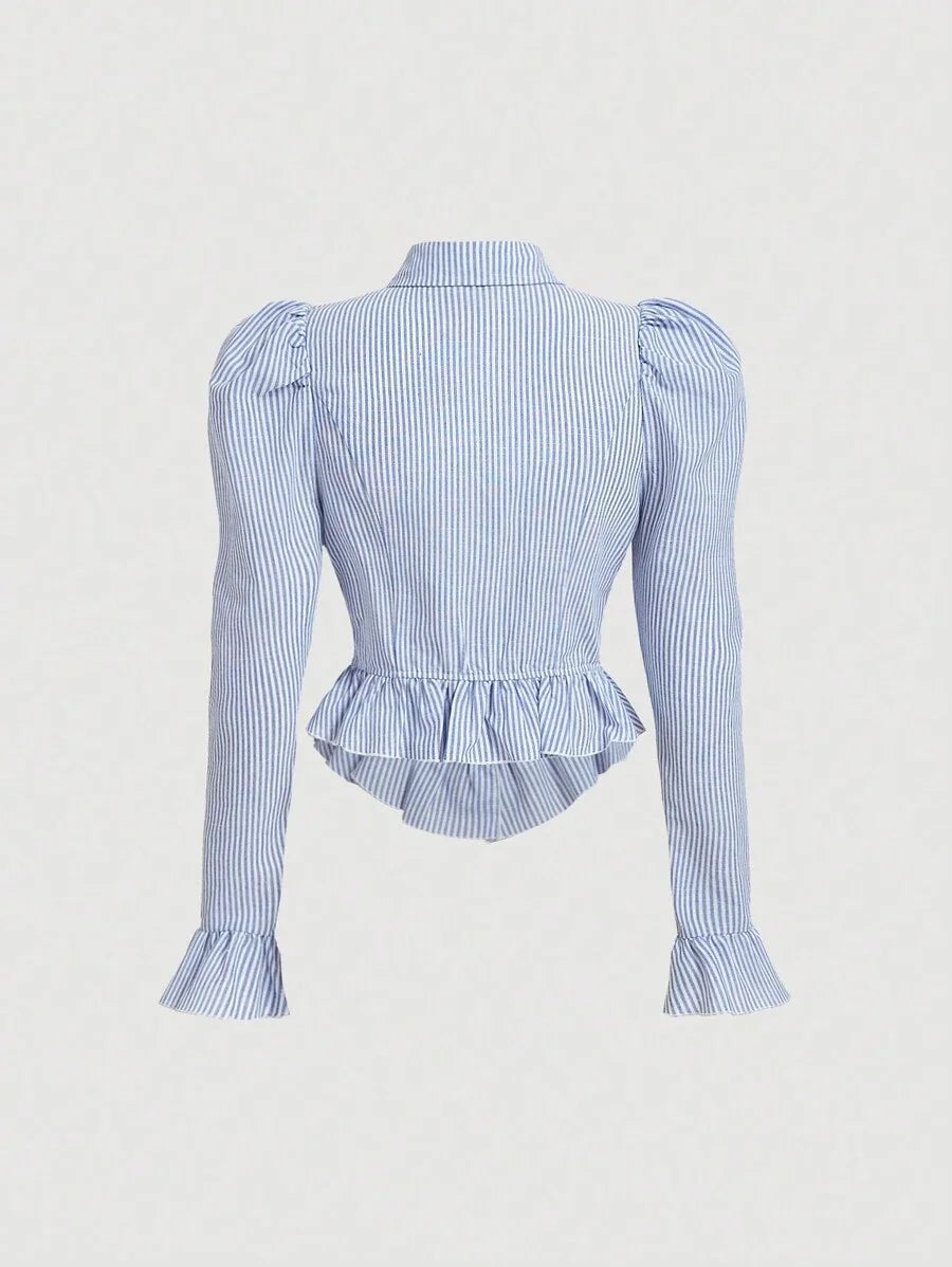 Women Blue Striped Long Sleeve BlouseButton Up Women ShirtFall ShirtsFall Blouses