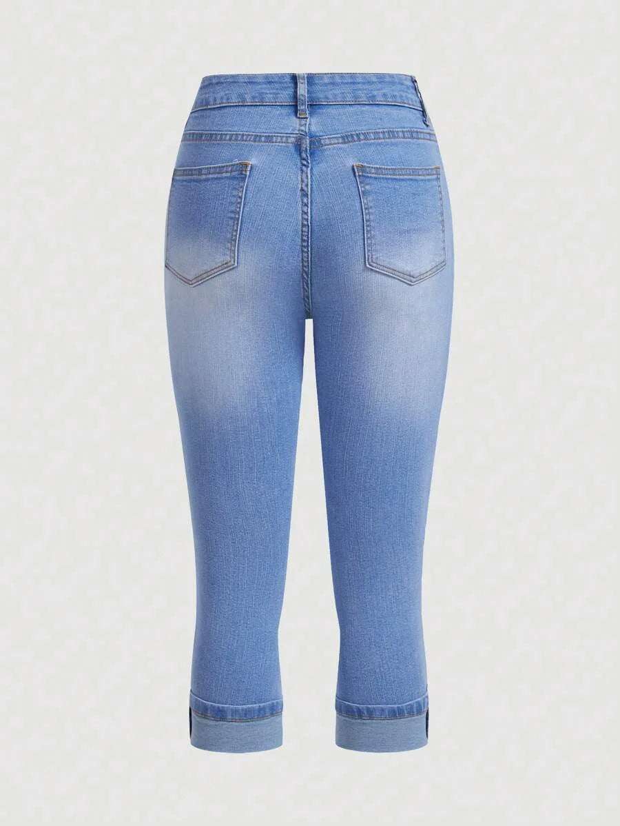 Women Button Belt Loop FivePointed Star Raw Edge Design Slim Fit Jeans