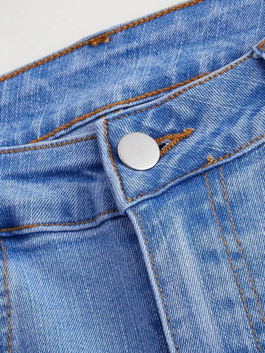 Women Button Belt Loop FivePointed Star Raw Edge Design Slim Fit Jeans