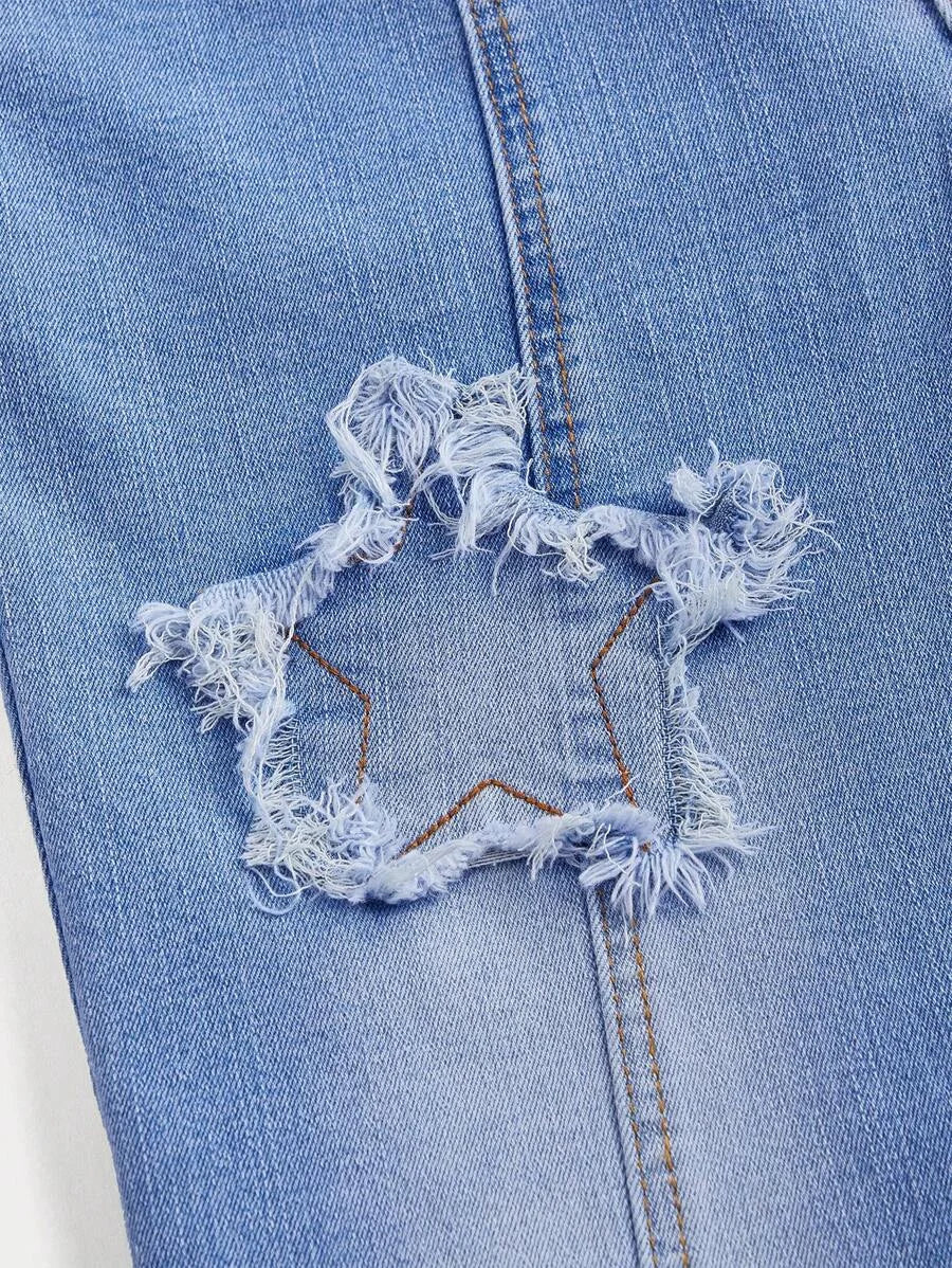 Women Button Belt Loop FivePointed Star Raw Edge Design Slim Fit Jeans