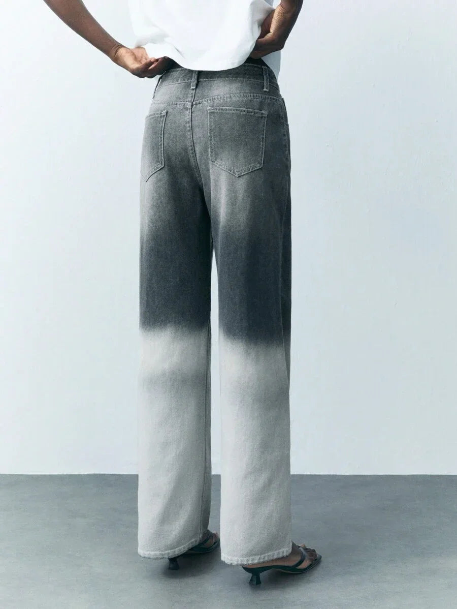 Women Casual Relaxed Straight Leg Washed Denim Jeans