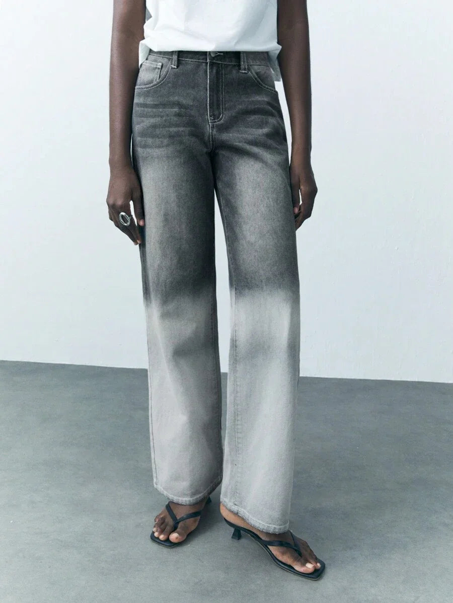 Women Casual Relaxed Straight Leg Washed Denim Jeans