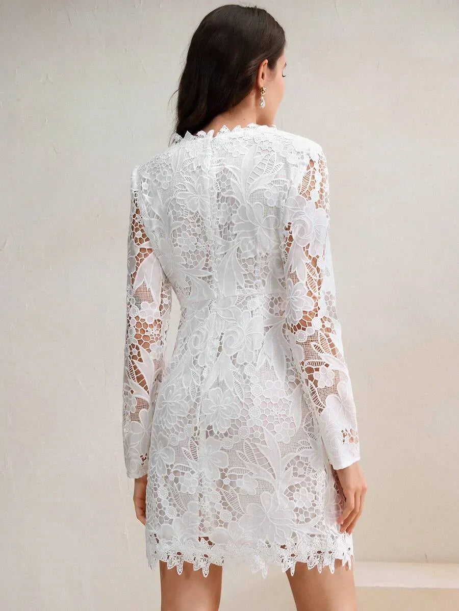 Women Casual Ruffle Trim Long Sleeve Slim Fit Short Dress Suitable For Vacation