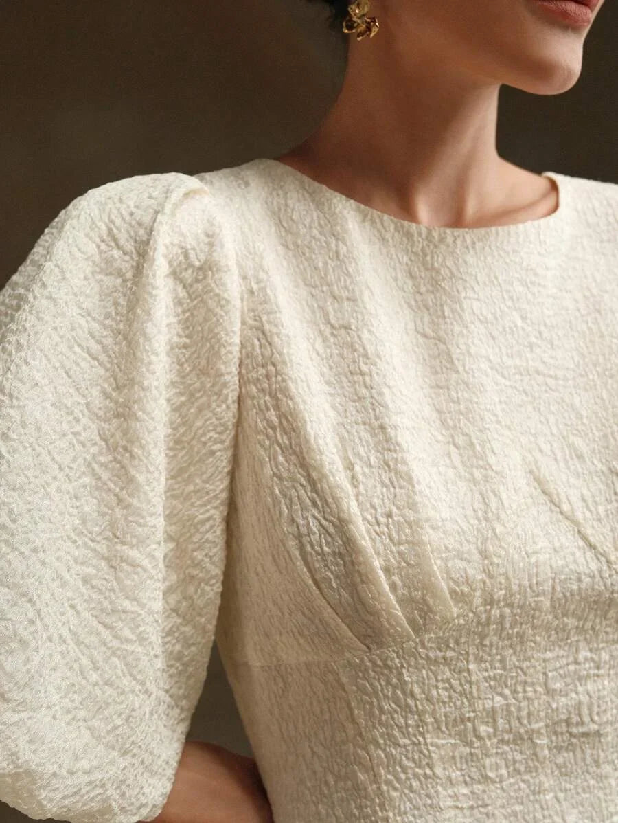 Women Casual Textured Light Yellow Puff Sleeve Midi Dress Maxi Women Outfit