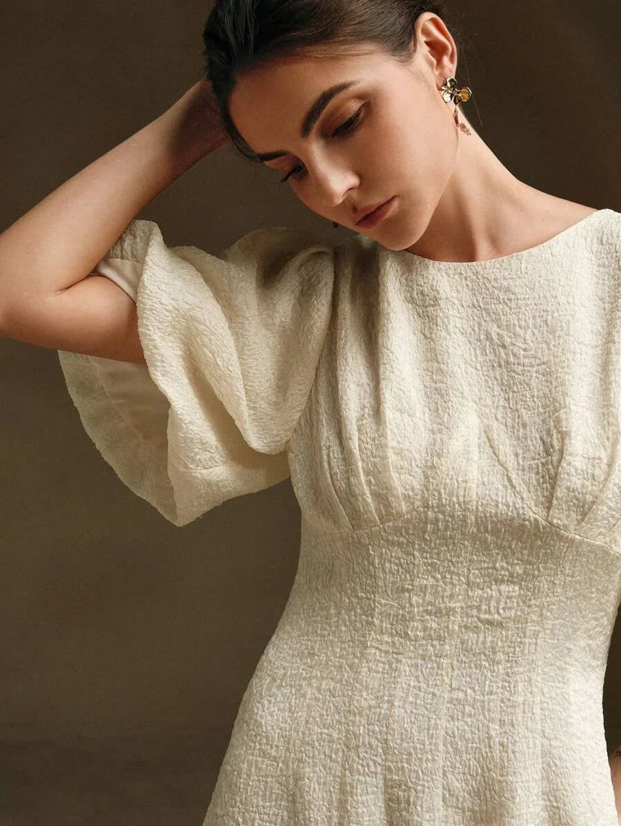 Women Casual Textured Light Yellow Puff Sleeve Midi Dress Maxi Women Outfit