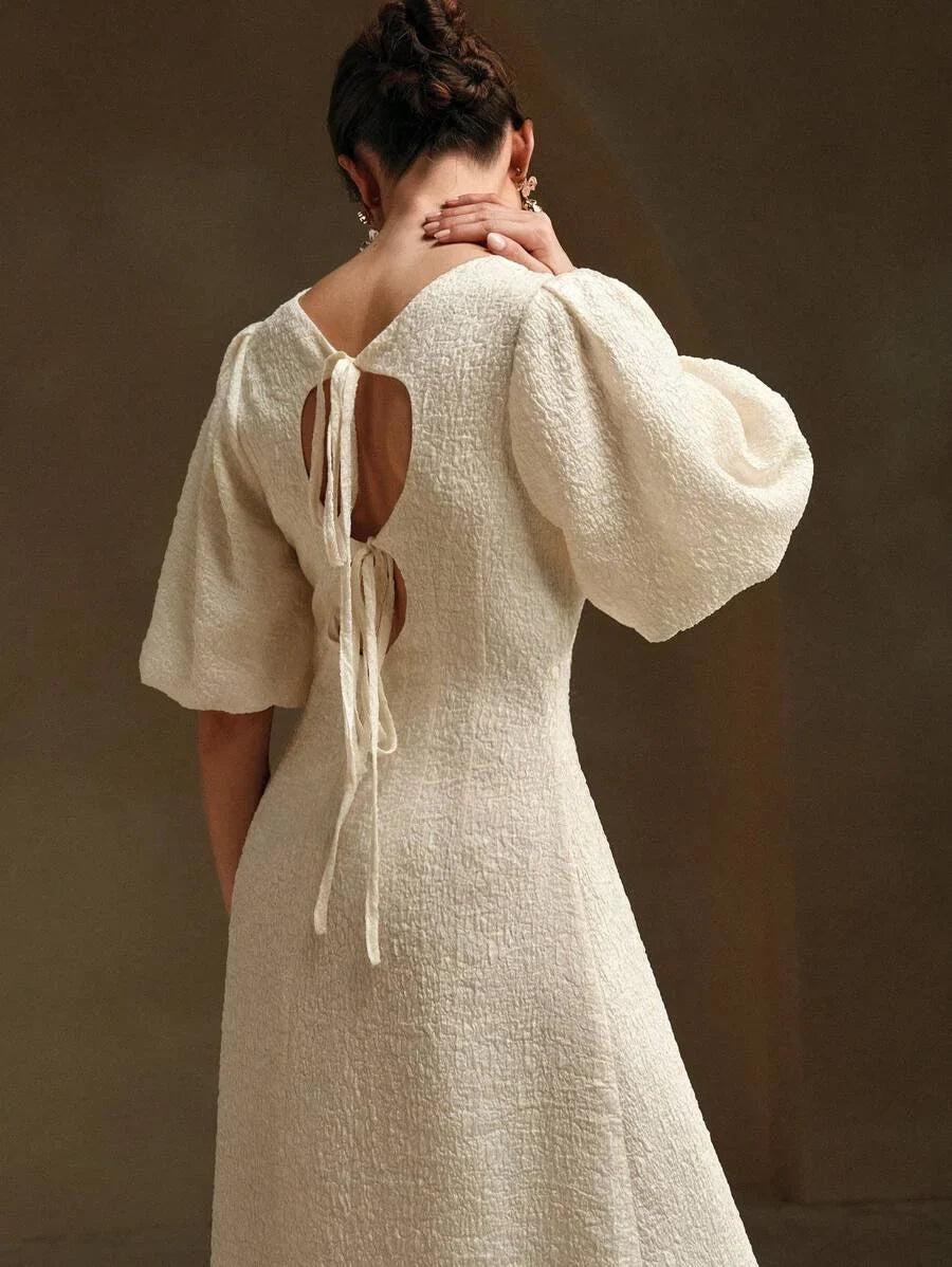 Women Casual Textured Light Yellow Puff Sleeve Midi Dress Maxi Women Outfit