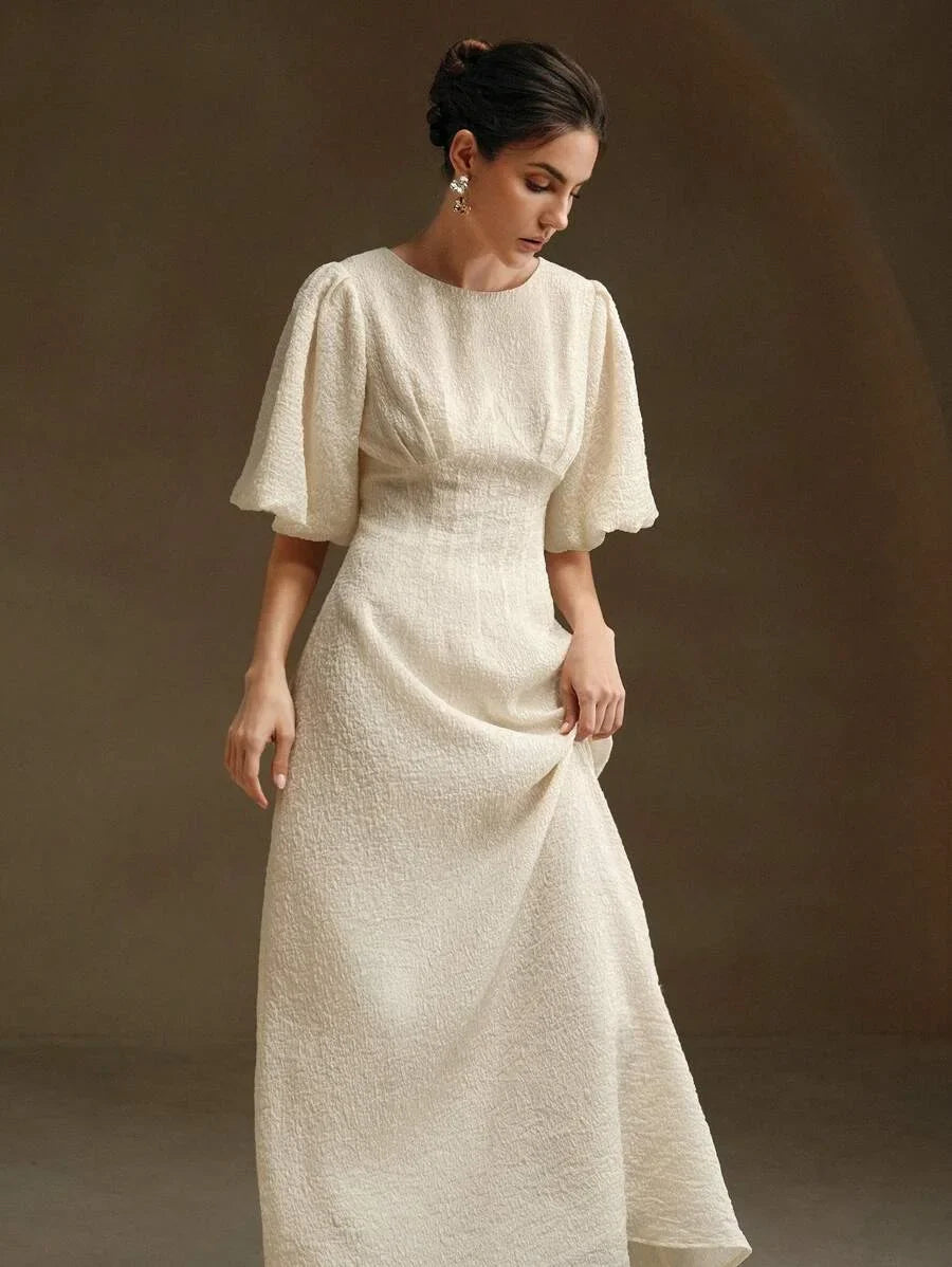 Women Casual Textured Light Yellow Puff Sleeve Midi Dress Maxi Women Outfit