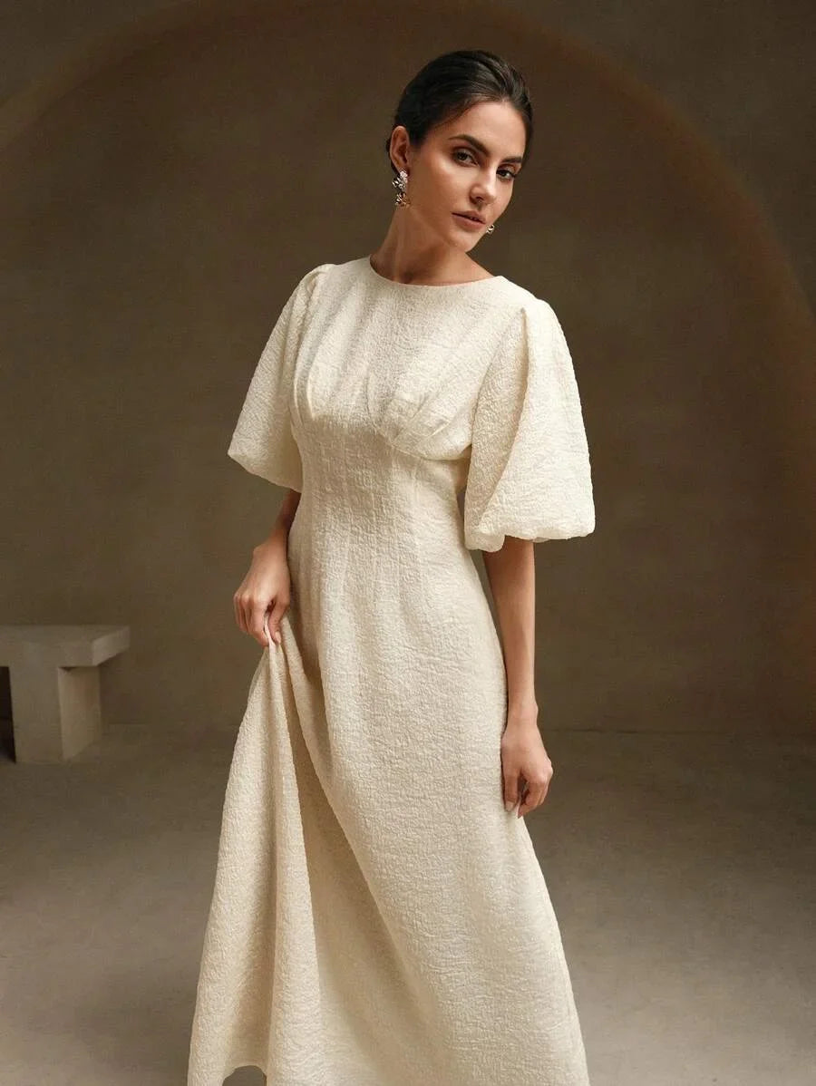 Women Casual Textured Light Yellow Puff Sleeve Midi Dress Maxi Women Outfit