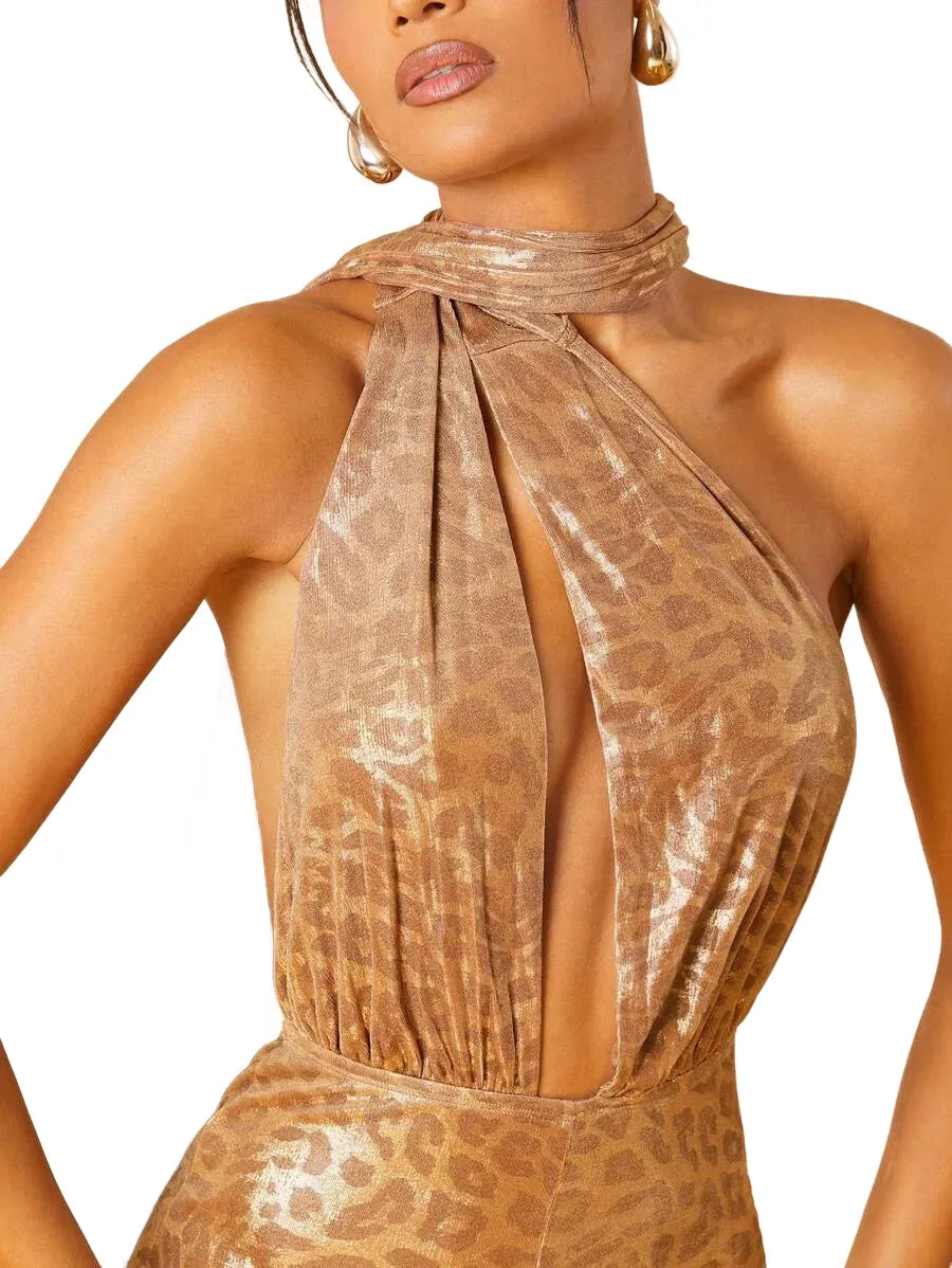 Women Clothing Sexy Elegant Animal Print Halter Neck Scarf Flare Slit Jumpsuit With Open Back Women