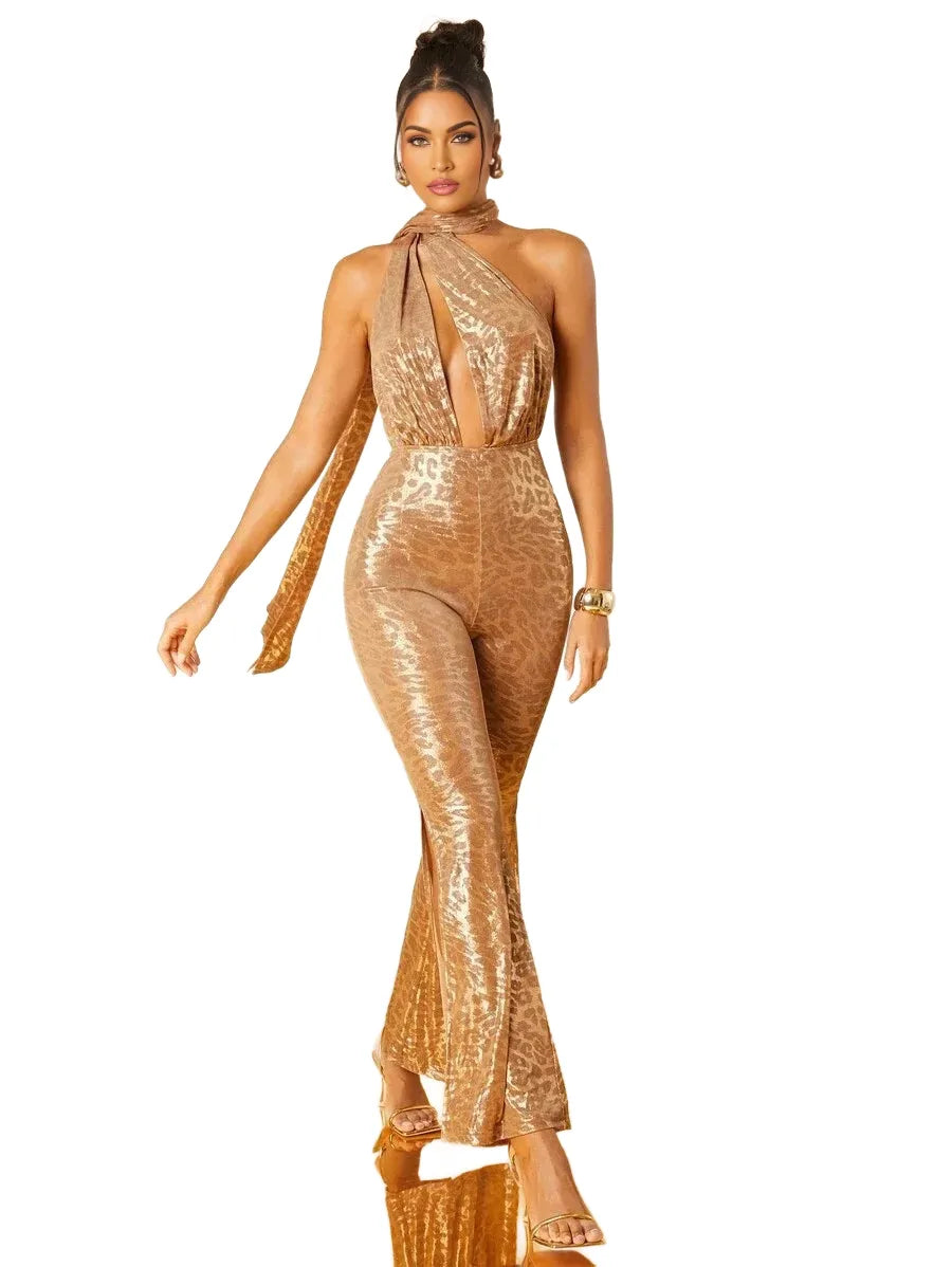 Women Clothing Sexy Elegant Animal Print Halter Neck Scarf Flare Slit Jumpsuit With Open Back Women