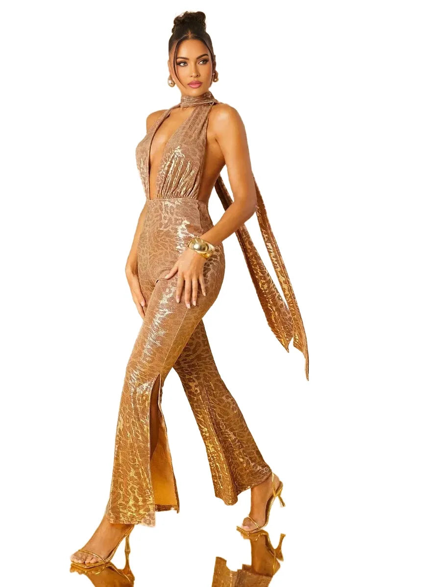 Women Clothing Sexy Elegant Animal Print Halter Neck Scarf Flare Slit Jumpsuit With Open Back Women