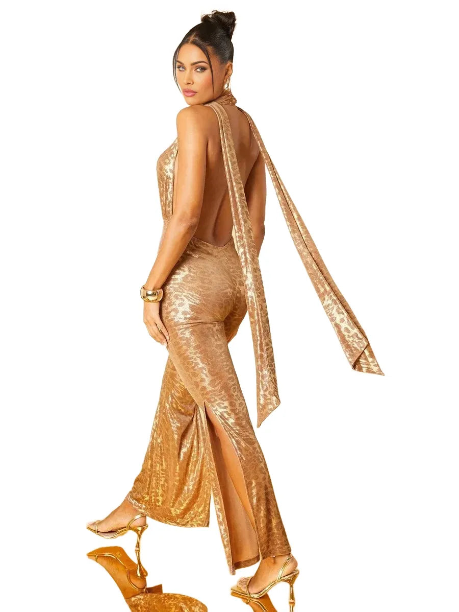 Women Clothing Sexy Elegant Animal Print Halter Neck Scarf Flare Slit Jumpsuit With Open Back Women