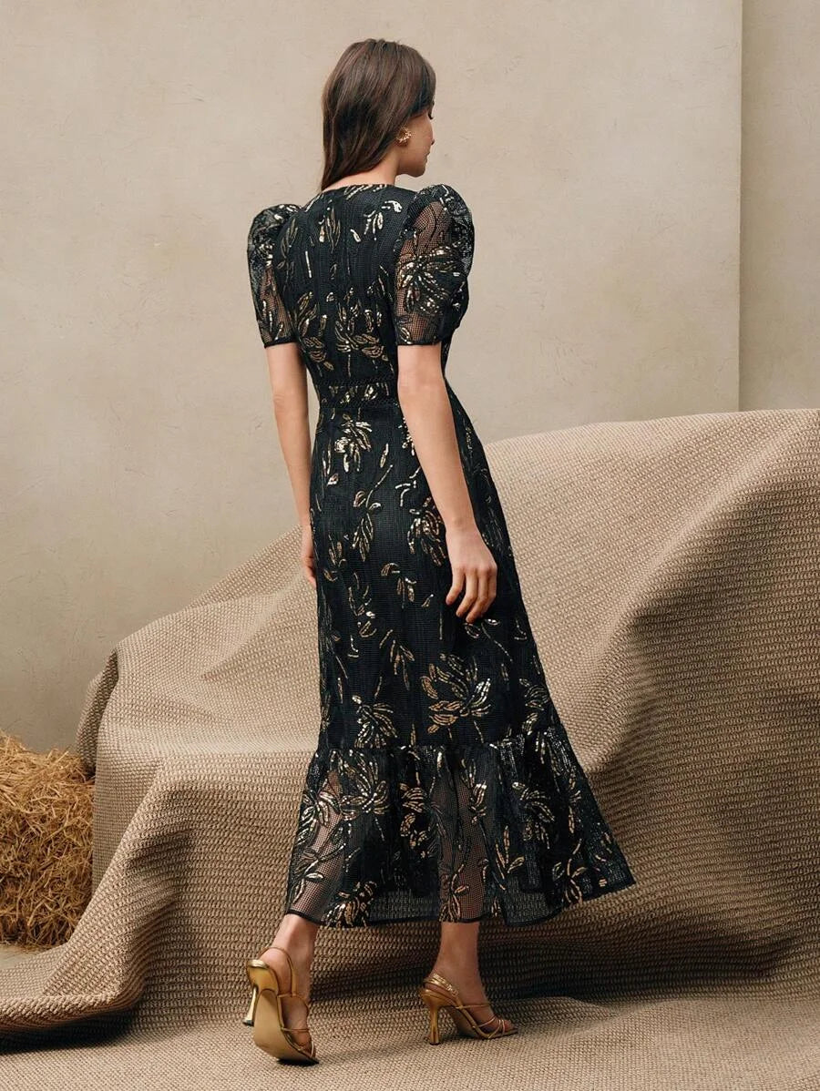 Women Elegant Floral Lace Patchwork Sequins Rope Embroidered Round Neck Short Sleeve Dress