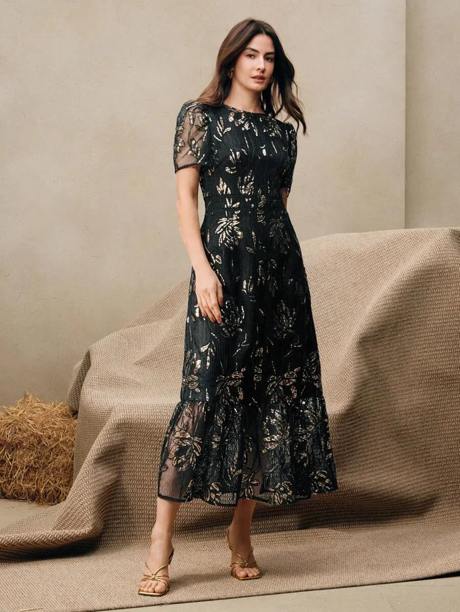 Women Elegant Floral Lace Patchwork Sequins Rope Embroidered Round Neck Short Sleeve Dress
