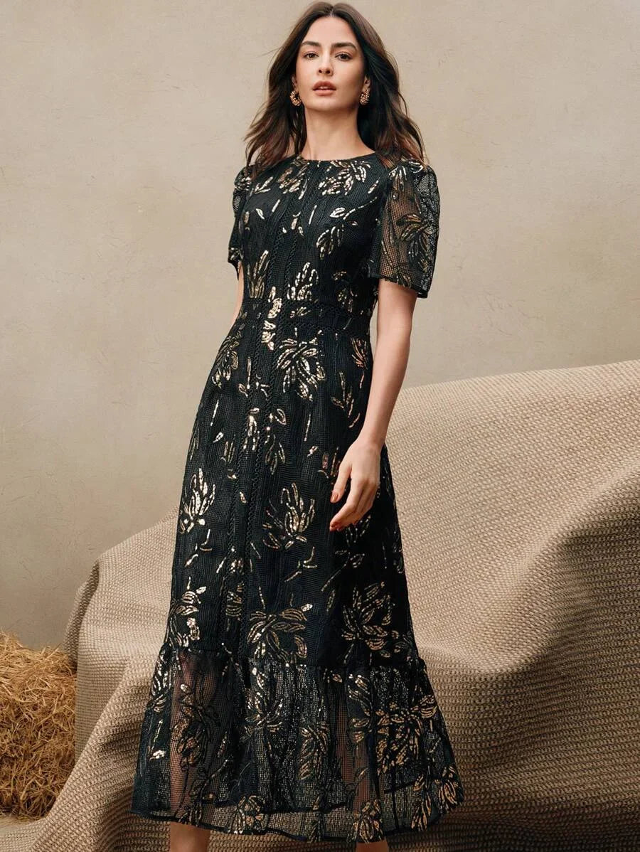 Women Elegant Floral Lace Patchwork Sequins Rope Embroidered Round Neck Short Sleeve Dress