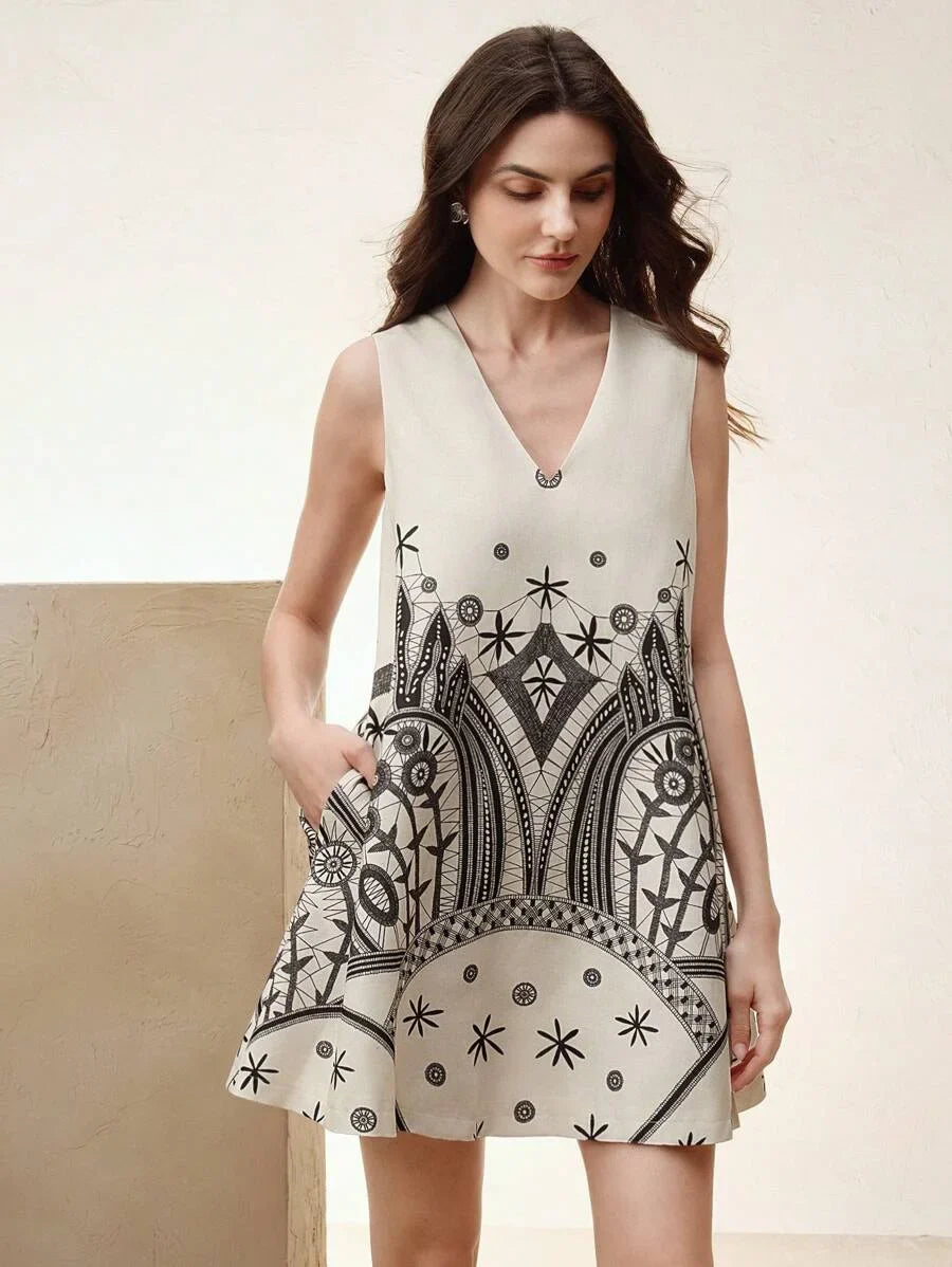 Women Elegant Linen Blend Floral Print Sleeveless VNeck Dress Summer Vacation