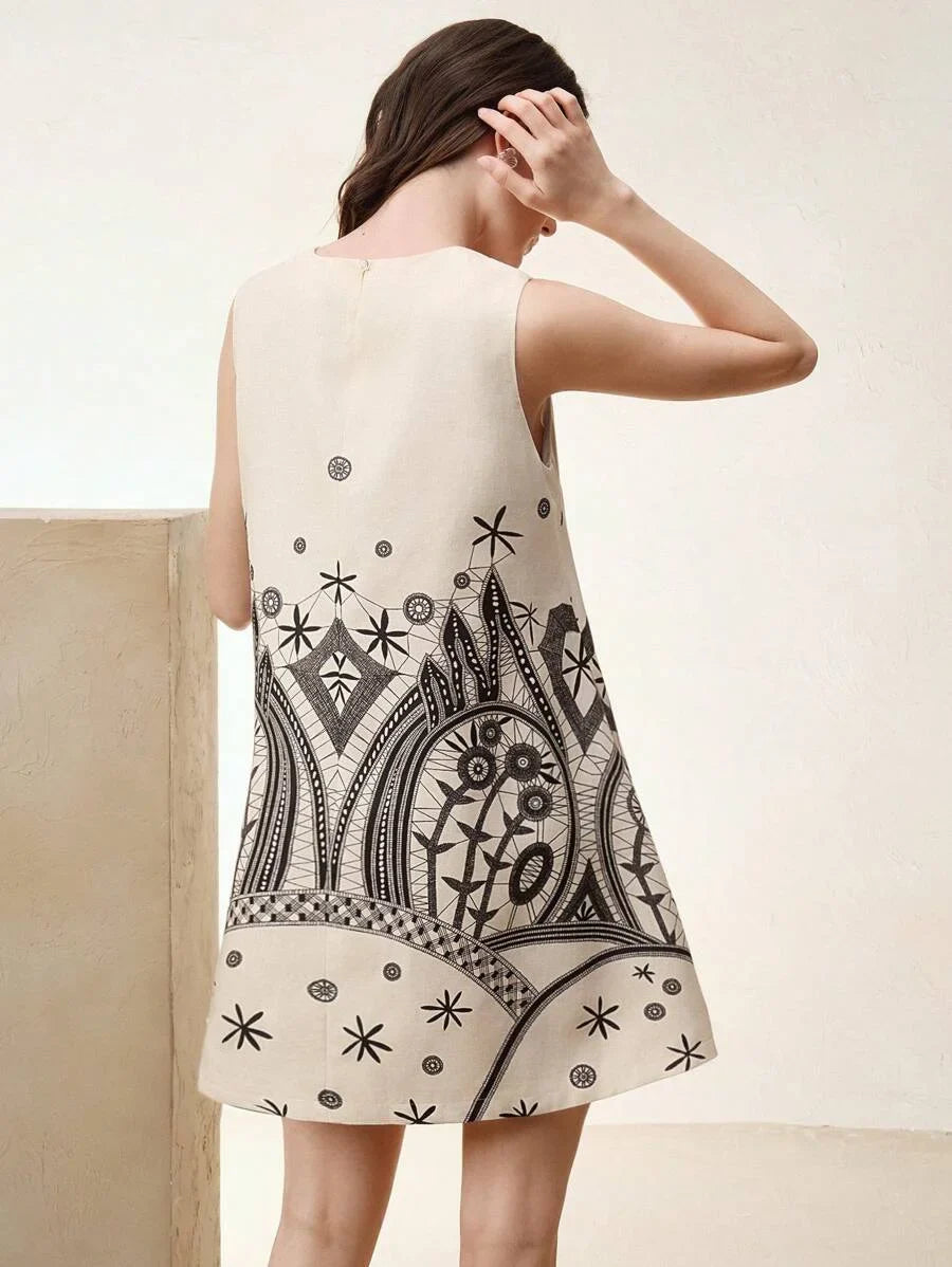 Women Elegant Linen Blend Floral Print Sleeveless VNeck Dress Summer Vacation