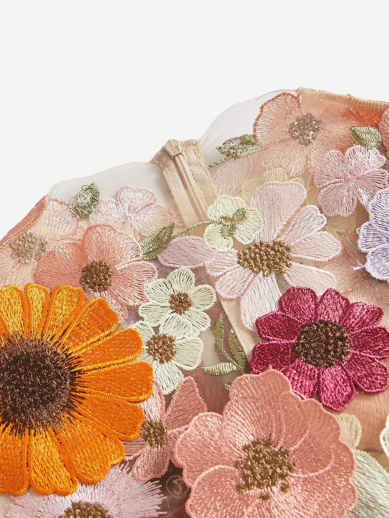 Women Elegant Mesh Flower Embroidery Long Dress Autumn Maxi Women Outfit