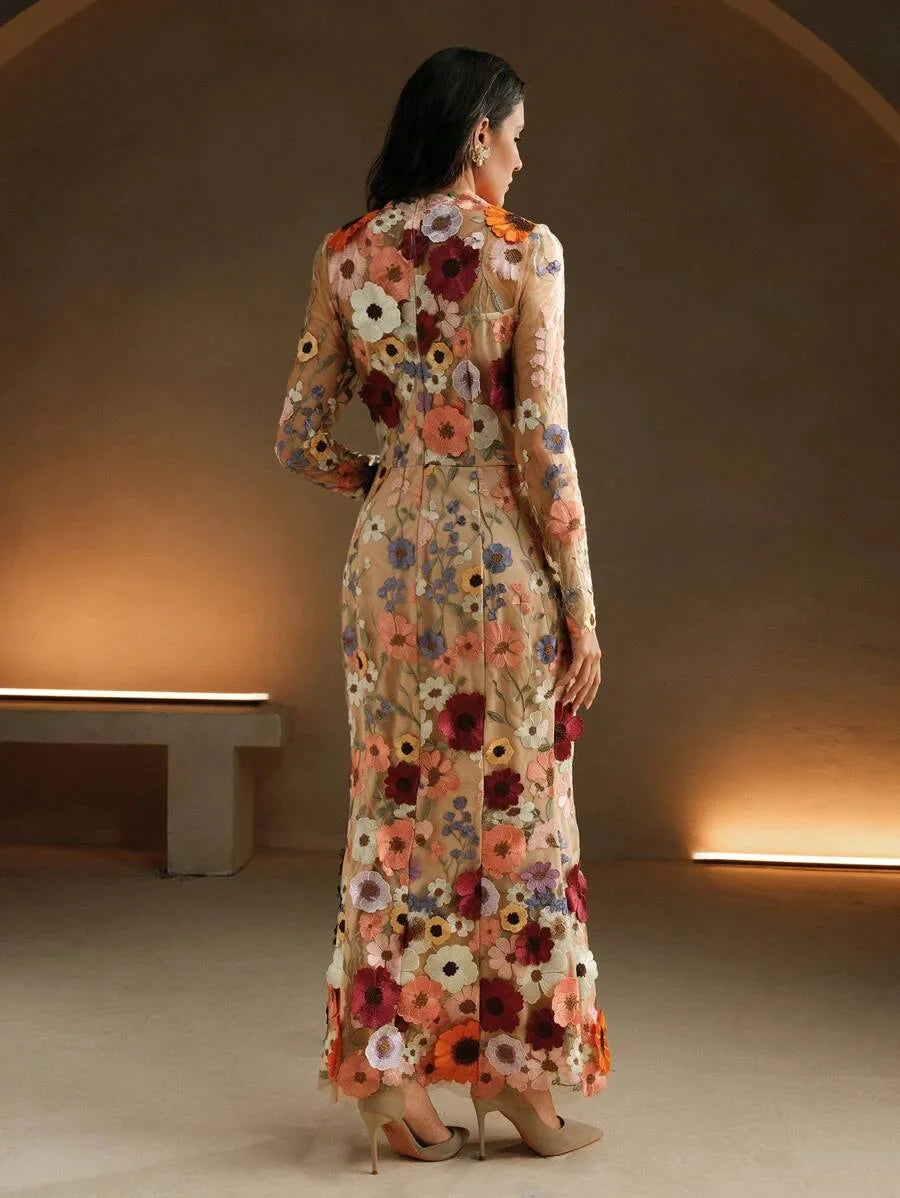 Women Elegant Mesh Flower Embroidery Long Dress Autumn Maxi Women Outfit