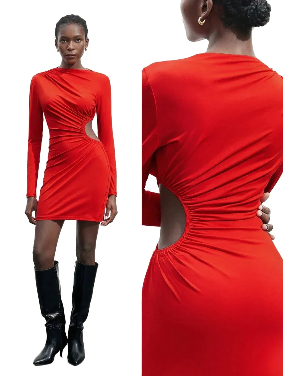 Women Elegant Solid Color Cropped Ruched Fitted Short Dress Autumn