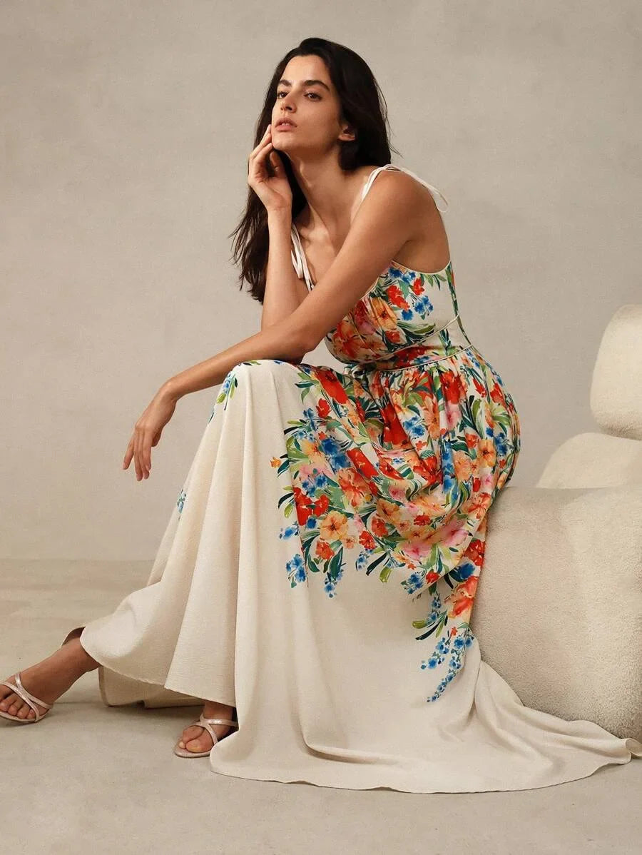 Women Floral Print Cinching Waist Strapless Dress For Romantic Vacation Maxi Women Outfit