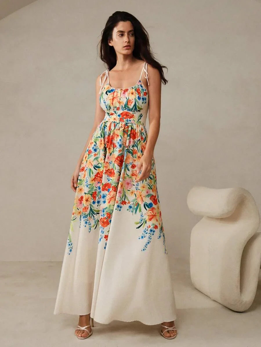 Women Floral Print Cinching Waist Strapless Dress For Romantic Vacation Maxi Women Outfit