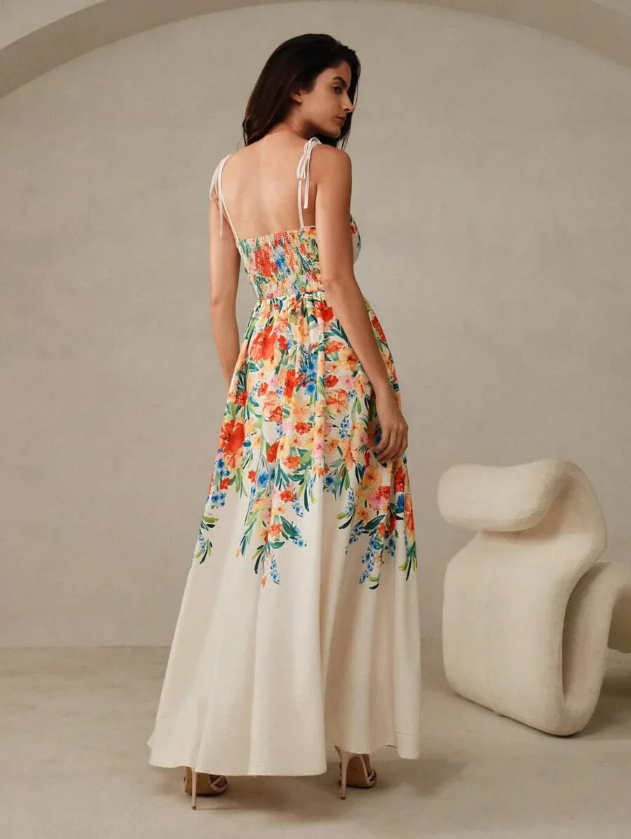 Women Floral Print Cinching Waist Strapless Dress For Romantic Vacation Maxi Women Outfit