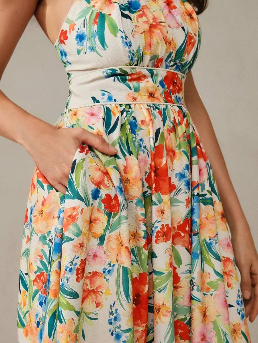 Women Floral Print Cinching Waist Strapless Dress For Romantic Vacation Maxi Women Outfit