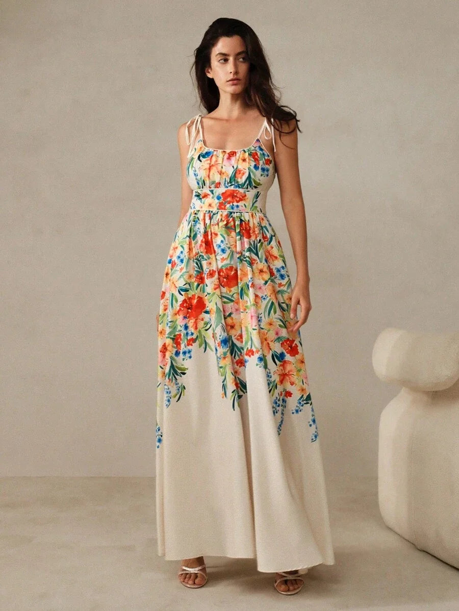 Women Floral Print Cinching Waist Strapless Dress For Romantic Vacation Maxi Women Outfit