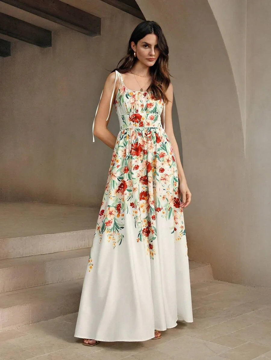 Women Floral Print Cinching Waist Strapless Dress For Romantic Vacation Maxi Women Outfit