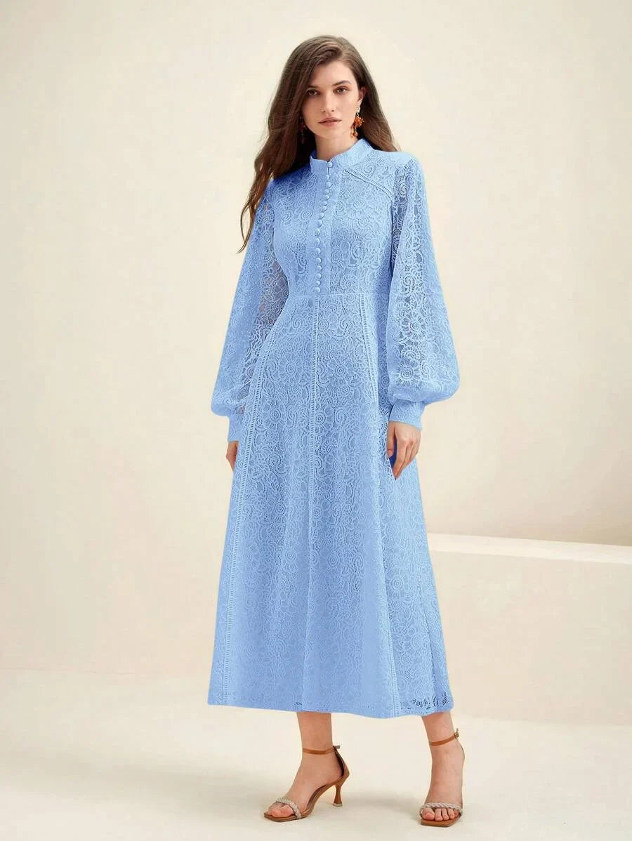 Women Long Sleeve Soft Style Lace Sky Blue Dress Maxi Women Outfit