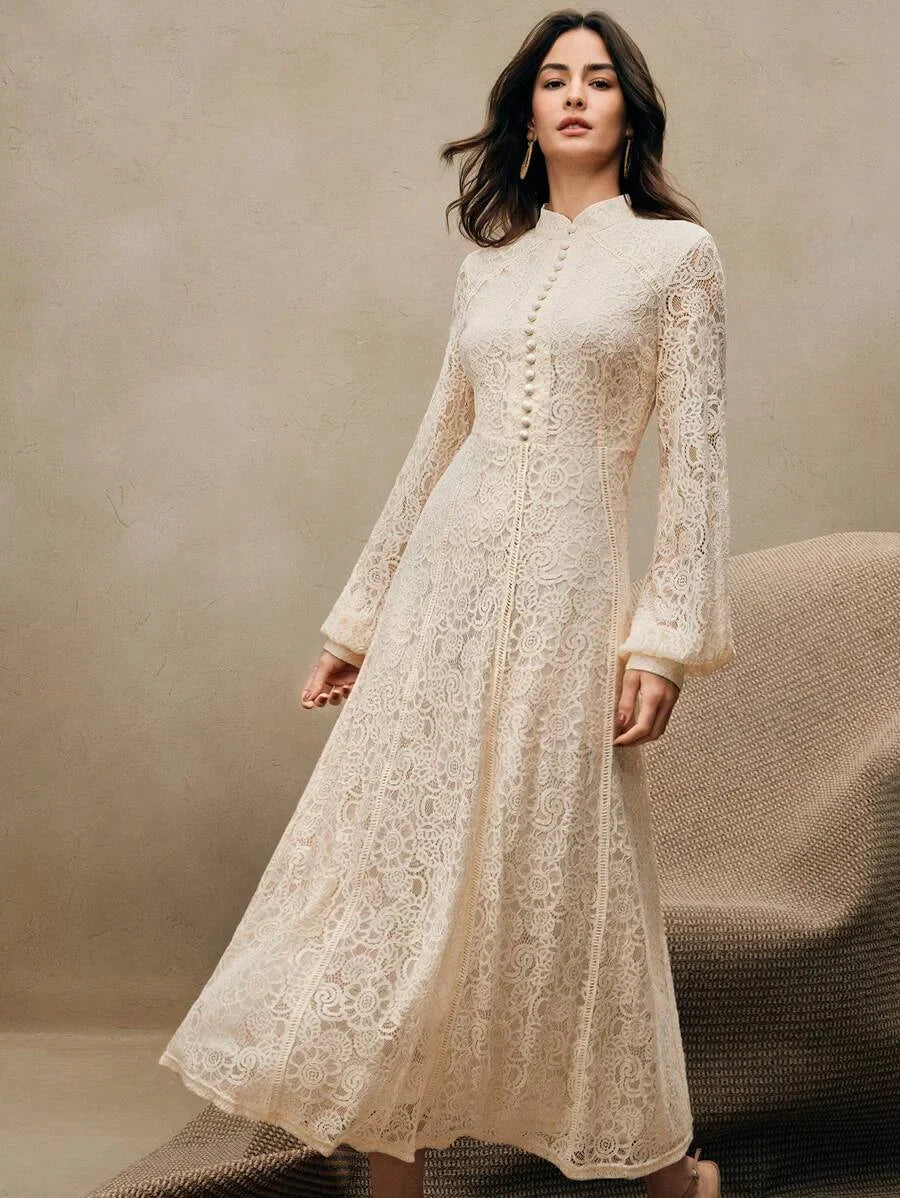 Women Long Sleeve Soft Style Lace Sky Blue Dress Maxi Women Outfit