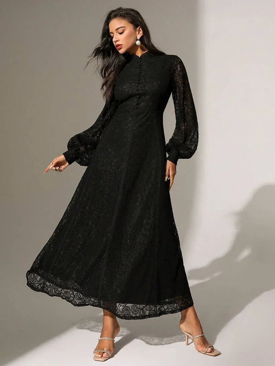 Women Long Sleeve Soft Style Lace Sky Blue Dress Maxi Women Outfit