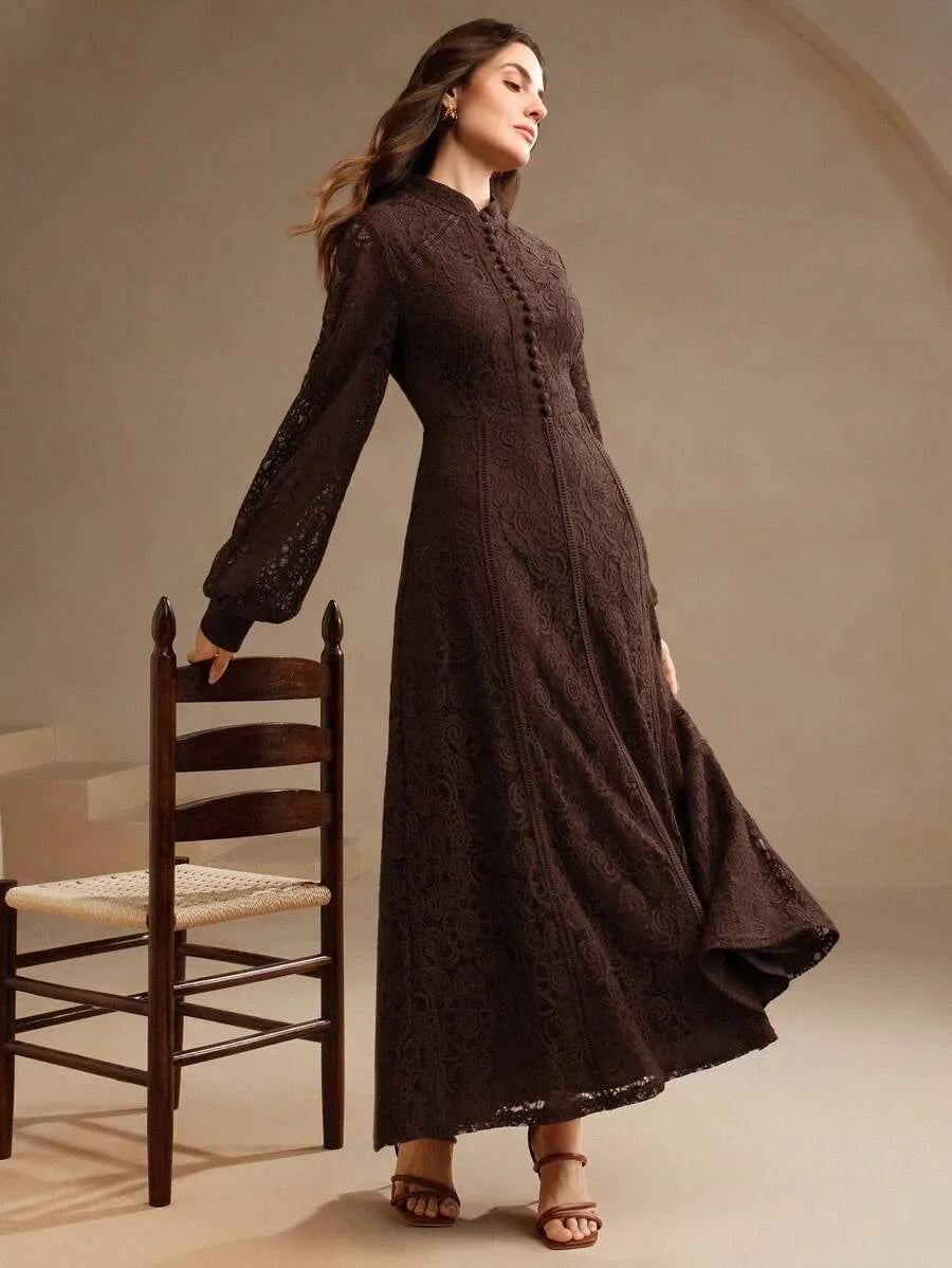 Women Long Sleeve Soft Style Lace Sky Blue Dress Maxi Women Outfit