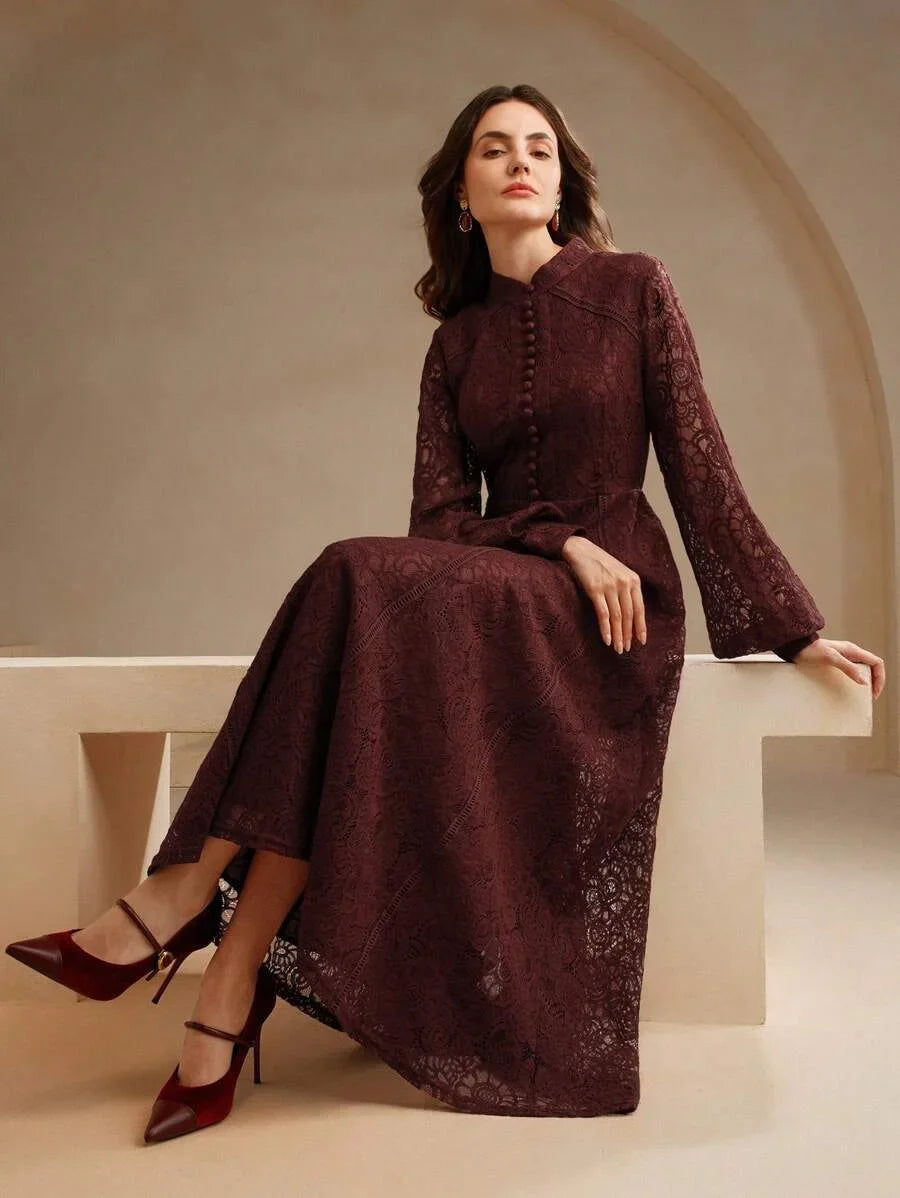 Women Long Sleeve Soft Style Lace Sky Blue Dress Maxi Women Outfit