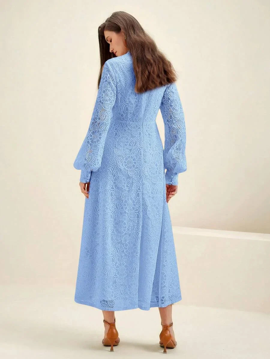 Women Long Sleeve Soft Style Lace Sky Blue Dress Maxi Women Outfit