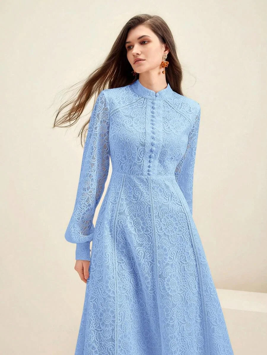 Women Long Sleeve Soft Style Lace Sky Blue Dress Maxi Women Outfit