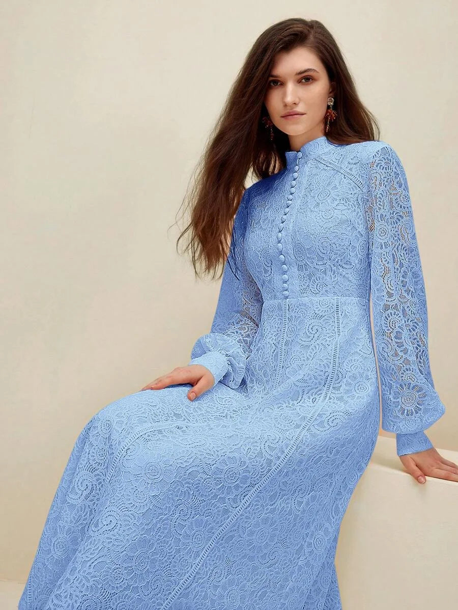 Women Long Sleeve Soft Style Lace Sky Blue Dress Maxi Women Outfit