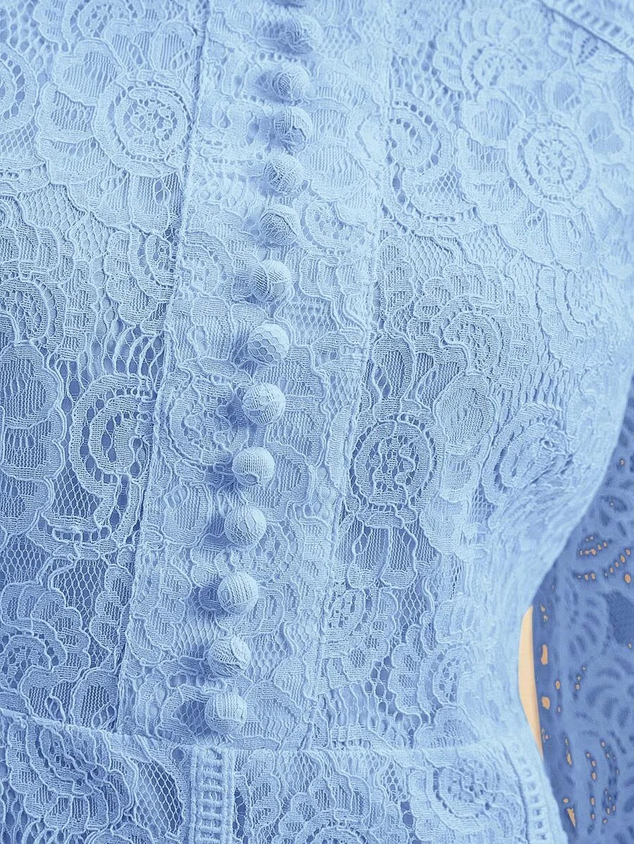 Women Long Sleeve Soft Style Lace Sky Blue Dress Maxi Women Outfit