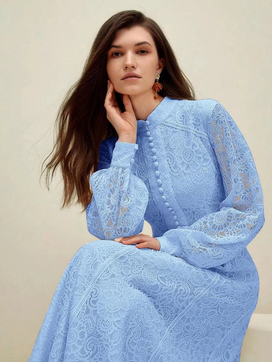 Women Long Sleeve Soft Style Lace Sky Blue Dress Maxi Women Outfit