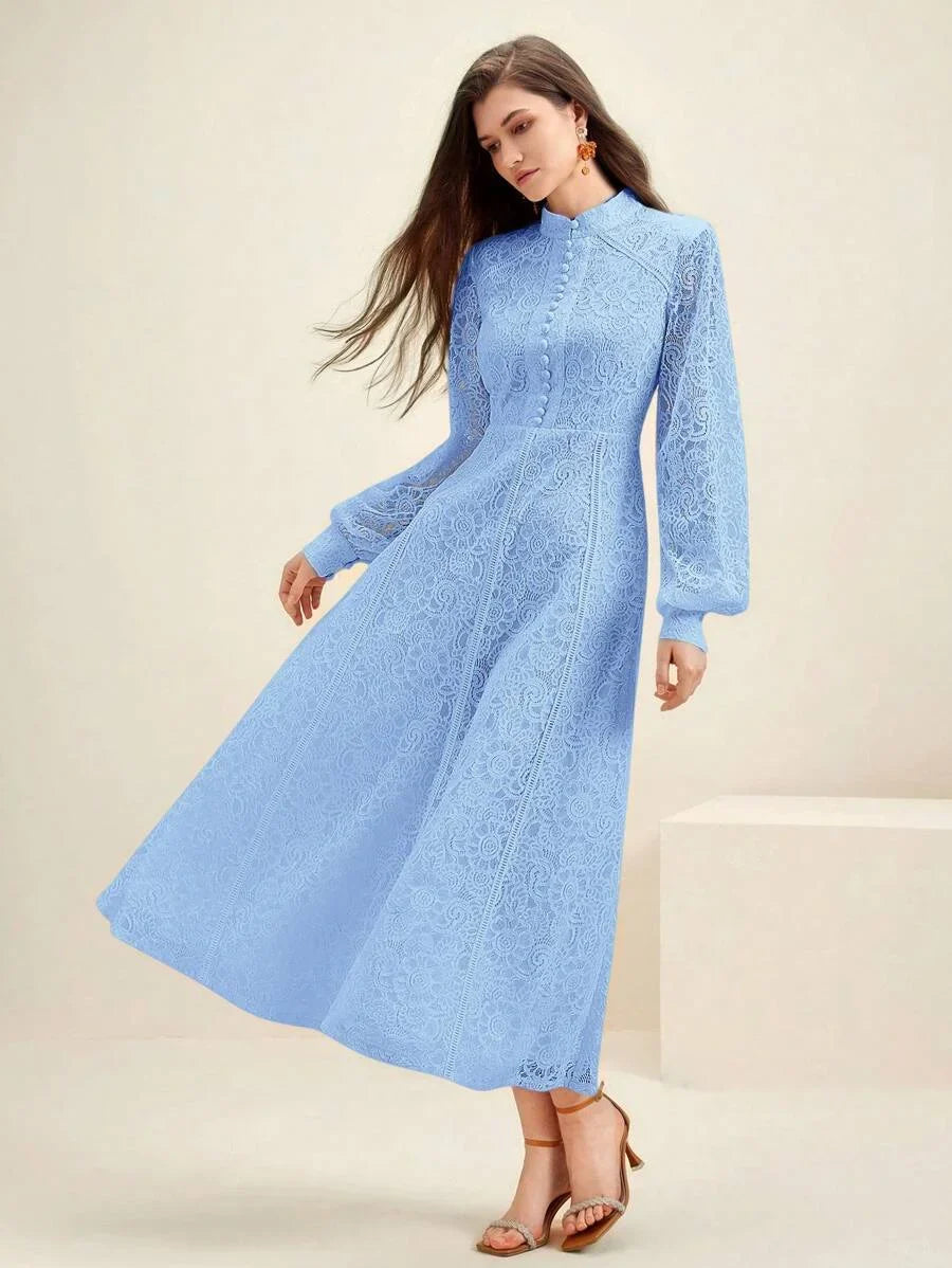 Women Long Sleeve Soft Style Lace Sky Blue Dress Maxi Women Outfit